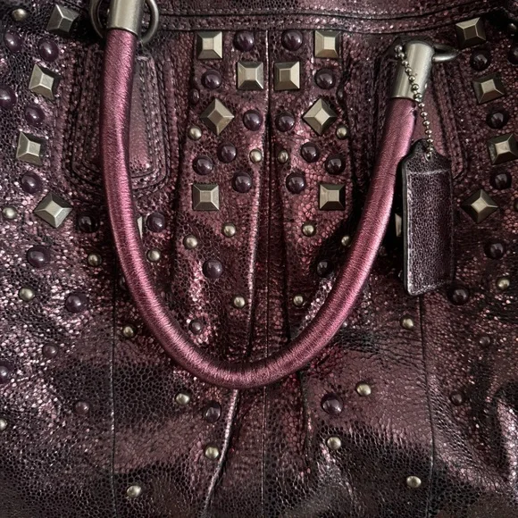 💜 ✨ COACH Kristen Satchel Metallic Purple Studded Handbag - Picture 10 of 10